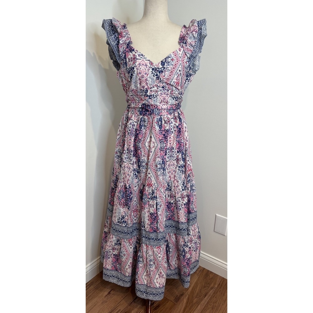 Caroline Constas Diamond Floral Print Tiered Cotton Smocked Maxi Dress Boho Sz M